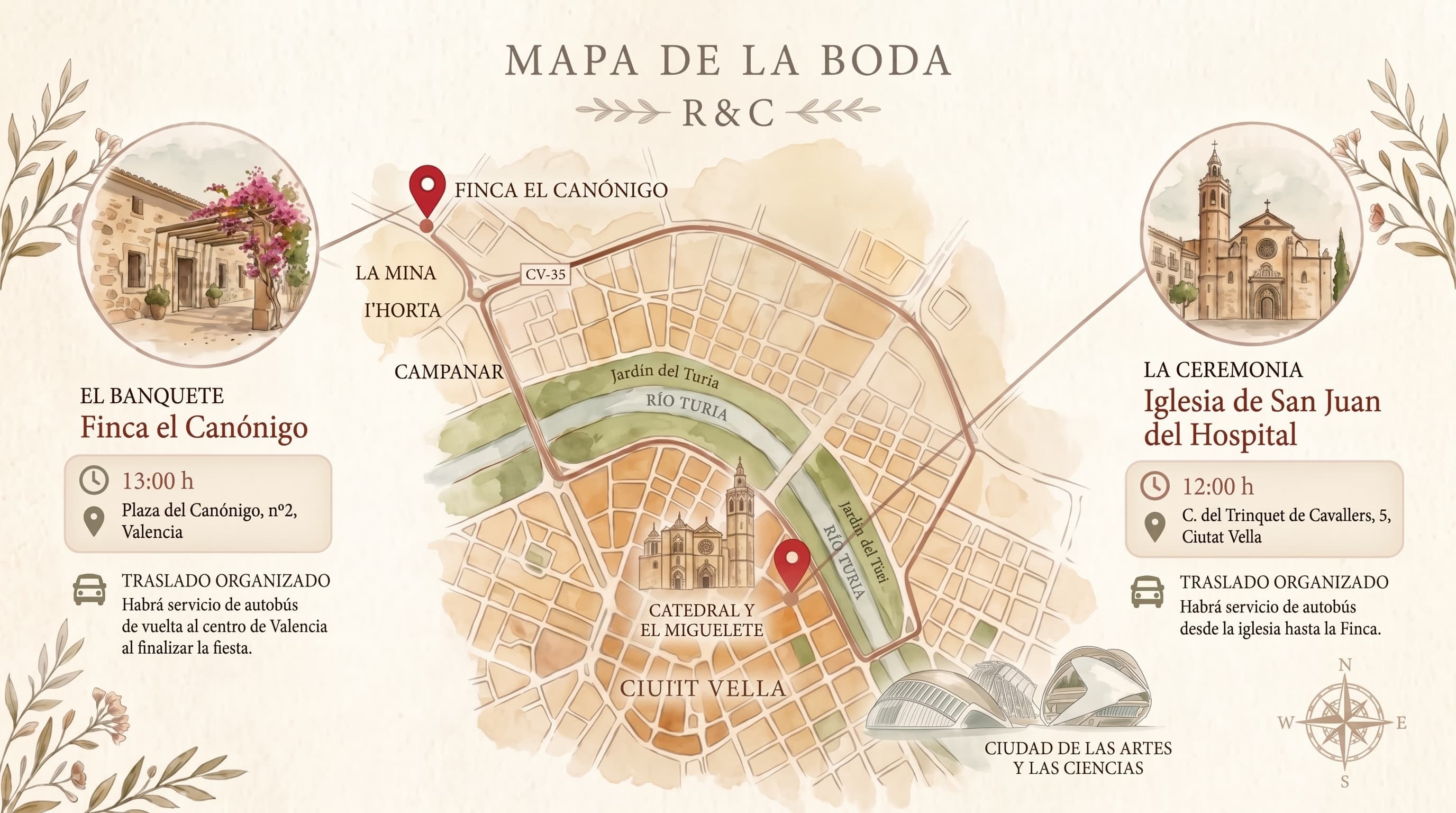 Mapa de la boda: la ceremonia en la Iglesia de San Juan del Hospital, en Ciutat Vella, y el banquete en la Finca el Canónigo, en Benimàmet